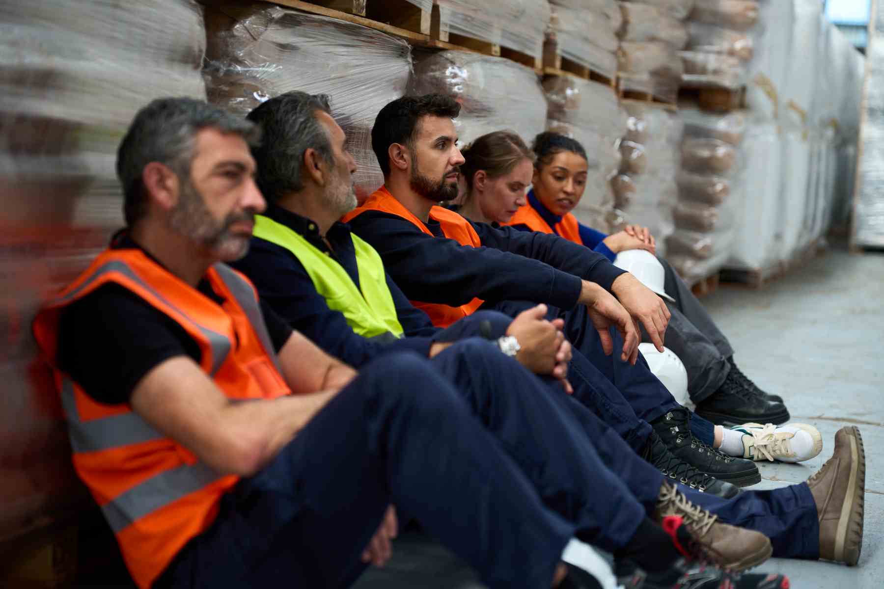warehouse workers sitting resting